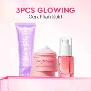 Glad2Glow bundle 3in1 paket Skincare- Moisturizer+Serum+Cleanser- Face Wash Glowing Kit Dark Spot Acne