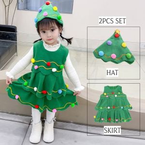 Christmas Tree Children Costume Kids Girls Green Skirt Christmas Performance Clothes Dress Hat Set Christmas Costumes Set School Performance Christmas Party Fun Dress
