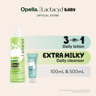 Lactacyd Baby Lotion 3-in-1 Daily Body Lotion 100mL + Extra Milky Baby Wash Shampoo 500mL