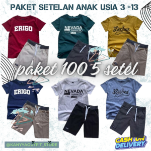 Paket 100 Ribu Dapat 5 Setelan Pakaian Anak 5 Kaos dan 5 Celana Pendek Cinos Usia 2 - 12 Tahun