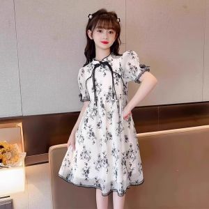 Girls dress new Chinese style childrens Hanfu summer dress new female cheongsam style ink painting princess dress