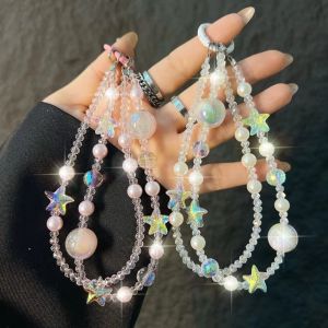 MADEWITH Crystal Starfish Mobile Phone Lanyard Double-layer Short Beaded Wrist Bag Pendant Ins Bead Bracelet Design Car Keychain Bag Accessory