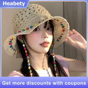 【Heabety】 Fashionable Colorful Wooden Bead Straw Hat For Women In Summer With Large Hollow Brim Sun Hat Foldable Fisherman Hat