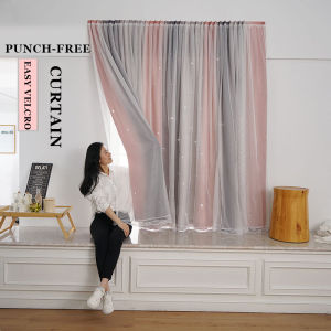 New Self-Adhesive Shading Window Curtain Punch-Free Hollow-Out Star Pattern Blackout Drapes+Mesh