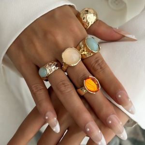 FIRST 5pcs/7pcs Vintage Opening Rings Set Stackable Irregular Chunky Smooth Rings Fashion Alloy Retro Metal Ring Female Jewelry