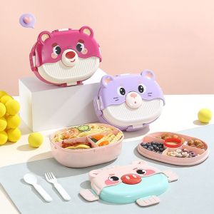 THTZI 3 Grids Cartoon Student Lunch Box Animal Pattern Microwavable Food Storage Box Portable Plastic Food Container Kids
