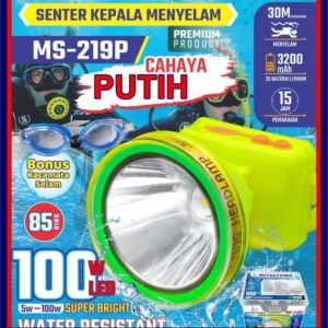 Senter Kepala Diving Menyelam Super Terang 100 Watt Mitsuyama MS-219P Headlamp Cahaya Putih 100W