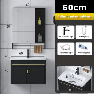 ⚡FLASH⚡Black aluminum 60 cm wall mounted bathroom cabinet ceramic sink with mirror box basin sink tap push style aluminum bathroom cabinet