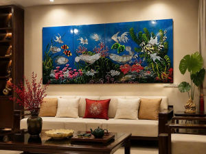 Bộ Tranh sơn mài 4 tấm - QUẦN NGƯ HỘI TỤ - Size 80x160 cm hàng cao cấp dày dặn xuất khẩu