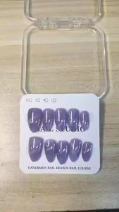 100% HANDMADE Short Almond Shape Purple Curved Cats Eye Fake Nail Set With Glue & Simplicity Press On Nails Reusable And Removable