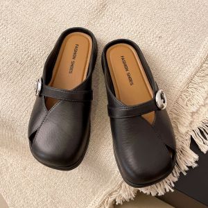 [Free Shipping] 2025 New Summer Flat Simple Retro Womens Hollow Soft Sole Square Toe Breathable Slip-On Closed-Toe Slippers