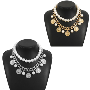Hai Lớp Vòng cổ ngọc trai với bằng kim loại hợp thời trang huy chương neckchain thời trang vòng cổ dây chuyền xương đòn cho nữ phụ nữ
