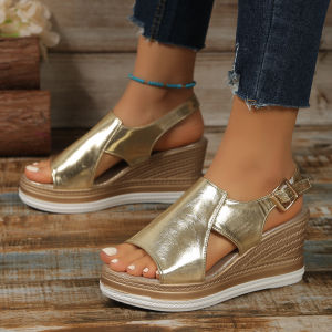 [Free Shipping] 2026 Summer Fashion Sandals Large Size One-Strap Buckle Platform Wedge Heel Beach Sandals
