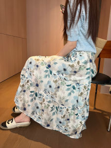 2026 Summer Ancient Style Printed Elastic High Waist Ruched Midi Skirt