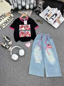 (16-40kg) Set áo thun in nhiệt gấu dâu hot hit phối quần jean rách cá tính cho bé gái diện đi học đi chơi