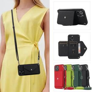 Crossbody Strap Leather Wallet Card Pocket Case For iPhone 16 Pro Max 16E 11 12 13 14 15 Plus Long Lanyard Phone Bag Cover Stand