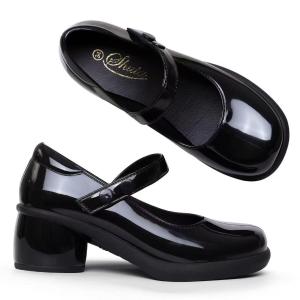 Girls Round Head Black School Daily Shoes Gloss Design 5cm High Heels Anti Slip High Quality Casual Fashion Black Shoes