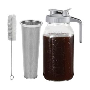 Leak Proof Coffee Brewing Glass Pitcher And Stainless Steel Infuser Mason Jar With Pour Spout Handle Beverage Dispenser