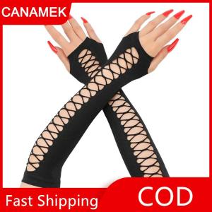 【CANAMEK】 Cổ Điển Đảng Cosplay Lưới Căng Găng Tay Hộp Đêm Nhảy Múa Nửa Ngón Tay Vui Vẻ Fishnet Găng Tay Của Phụ Nữ Dài Bị Gãy Lỗ Cánh Tay Tay Áo