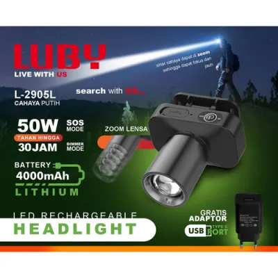 Senter Kepala Luby 50 Watt 35 Watt Baterai Cas L 2905 NL & NK L 2907NL Water Proof Headlamp Cahaya Putih Head lamp 2905NL 2907NL