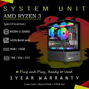 Pc Build AMD Ryzen 3 3200G 8/16gb ddr4 / 120 240 512gb Ssd / Glass Case with Psu and RGB Fans