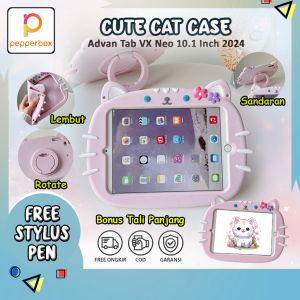 Softcase Advan Tab VX Neo 10.1 Inch 2024 Ring Flower Cat Lucu Cute Standing Rotating Casing Skin Aksesoris Rotate Pelindung Tablet Kesing Case Anak Dewasa Kids Sandaran