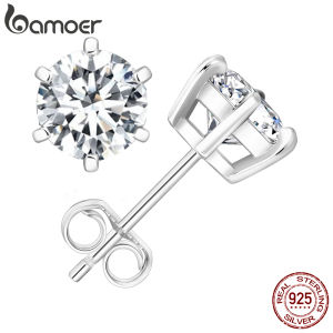 BAMOER Classic Round Cut Moissanite Solitaire Stud Earrings 925 Sterling Silver White Gold Plated Lab Diamond Women Men Jewelry2026