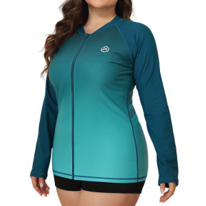 Charmo ซิปแขนยาวป้องกันผื่นคันสำหรับผู้หญิงเสื้อว่ายน้ำไล่ระดับสีแบบนุ่มเพิ่มระดับสีให้แห้งเร็วเล่นเซิร์ฟได้เสื้อยืดคอกลมกว่า50แบบขนาดพิเศษ