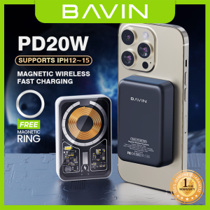 BAVIN PC1055 Pro 5000mAh Magnetic Wireless Charging Transparent Shell PD 20W Powerbank Supports iPh 16 w/ Magnetic Ring