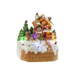 Resin Rotating Music Figurine Snow House Scene Ornament for Desktop Christmas Desktop Decoration with LED Light