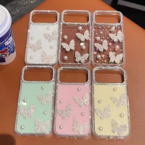 Jewelled Border Pearl Butterfly Glitter Phone Case for IPhone 17 Air 16E 17 16 15 14 13 Pro Max Transparent Cover