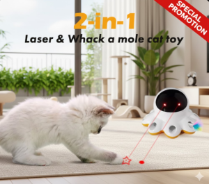 [SG Stock] 2-in-1 Smart Interactive Cat Toy | 360° Rotating Laser & Whack-A-Mole Feather Game | USB Rechargeable 1000mAh | Auto-Touch Activation & Low Noise