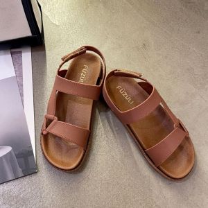 IELGY New Sandals Womens Summer Solid Color One Line with Open Toe Velcro Flat Beach Bottom