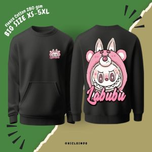 Hoodie Jumper HSCLO Cartoon Labubu Pink Warna Hitam Bahan Fleece Jaket Lengan Panjang Ukuran Jumbo Big Size XS S M L XL XXL 3XL 4XL 5XL