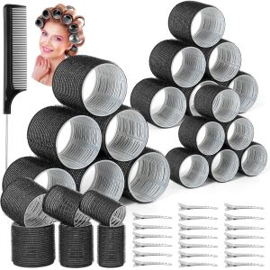39PCS Self Grip Curlers 3 Sizes - Black 2.5in 1.9in 1.4in Rollers with Duckbill Clips for Long Medium Short Thick Fine Hair Volume and Bangs (Black)