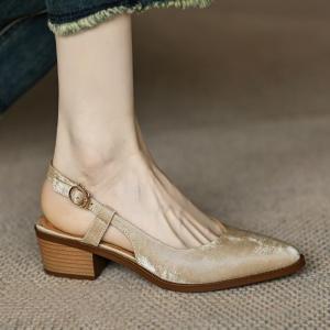 Baotou Sandals Womens Summer Block Heel Silk Soft Leather Commuter Mid-heel Pointed Toe Back Empty Single Shoes