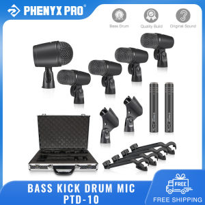 Phenyx Pro PTD-10 7-Piece Drum Instrument Microphone Kit All Metal Wired Dynamic Cardioid Mic Set for Bass/Tom/Snare/Hi-hat Cymbals Comes with Carrying Case + Mic Holder + Thread Clip