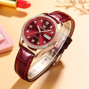 OLEVS 6637 Fashion Mechanical Women Watch Gift Round-dial Genuine Leather Watchband Wristwatch Week Display Calendar Luminous