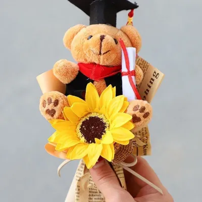 Crochet Graduation Flower Bouquet Cute Graduate Doll Doctor Bear Handmade Knit Sunflower Graduation Gift for Boys Girls