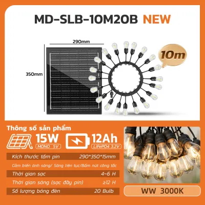 Đèn Dây Trang Trí Ngoài Trời MODI SOLAR Đèn Led Trang Trí Năng Lượng Mặt Trời Kháng Nước IP65 Không Tốn Điện Cảm Biến Ánh Sáng Decor Ấm Áp