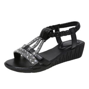 [Free Shipping] Summer New Korean-Style Fashionable Peep-Toe Slip-On Wedge Sandals Casual Large-Size WomenS Rhinestone Roman Sandals Wholesale