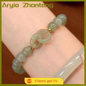 Aryio Fashion Double Ring Interlocking Hetian Beaded Bracelet Female Ins Style Love Safety Buckle Bangle For Bestie Birthday Gift