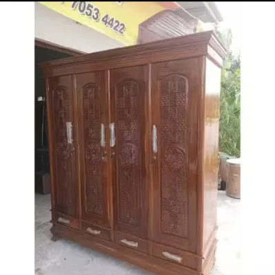 Lemari pakaian 4 pintu hijab laci bawah full kayu jati asli ukuran 175x55x200