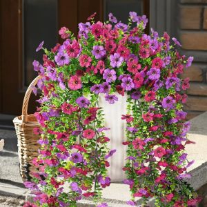 T6JOB1 2PCS Realistic Simulated Wall Hanging Flowers Eucalyptus Garland Plastic Artificial Violet Vine Hanging Arch UV Resistant Wall Hanging Plant Porch Decor