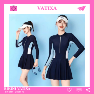 (Size MLXL) Đồ bơi nữ liền thân tay dài chống nắng che bụng chất thun lạnh co giãn VATIXA BKN169