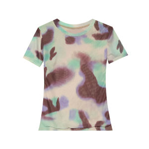 REHIN Womens top Summer fashion Swoosh mesh floral print red flower short-sleeved T-shirt V-neck slim and thin elegant Tie-dye S-3XL blouse