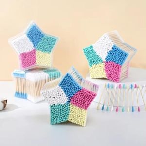 Tăm Bông Gỗ Màu 2 Đầu 500 Que Hộp Ngôi Sao Cao Cấp - Cotton Buds Vệ Sinh Tai Tẩy Trang Makeup