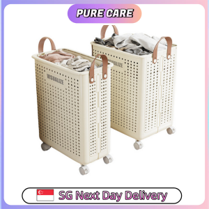 【Pure Care】 Foldable Laundry Basket With Leather Handles and Wheels Clothes Storage Bag Books Home Storage Box
