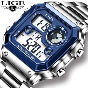 LIGE Fashion Digital Watch for Men Stainless Steel Strap Waterproof Luminous Man Wrist Watch