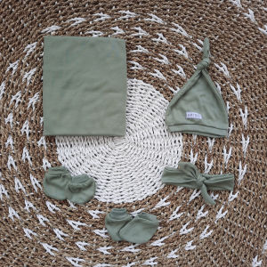 (5in1)Paket Newborn Lengkap Bedong+Bandana Pita+Topi+Sarung Tangan+Kaos Kaki Bayi Baru Lahir
